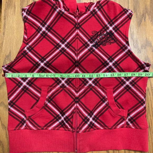 Harley-Davidson Red Plaid Hooded Biker Vest Split Zip Hood M/L Embroidered - Picture 9 of 14